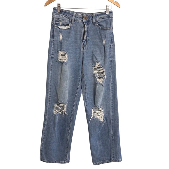 SO Denim - SO High-Rise Baggy Dad Jeans Womens 9 29W Medium Wash Distressed Shredded Blue